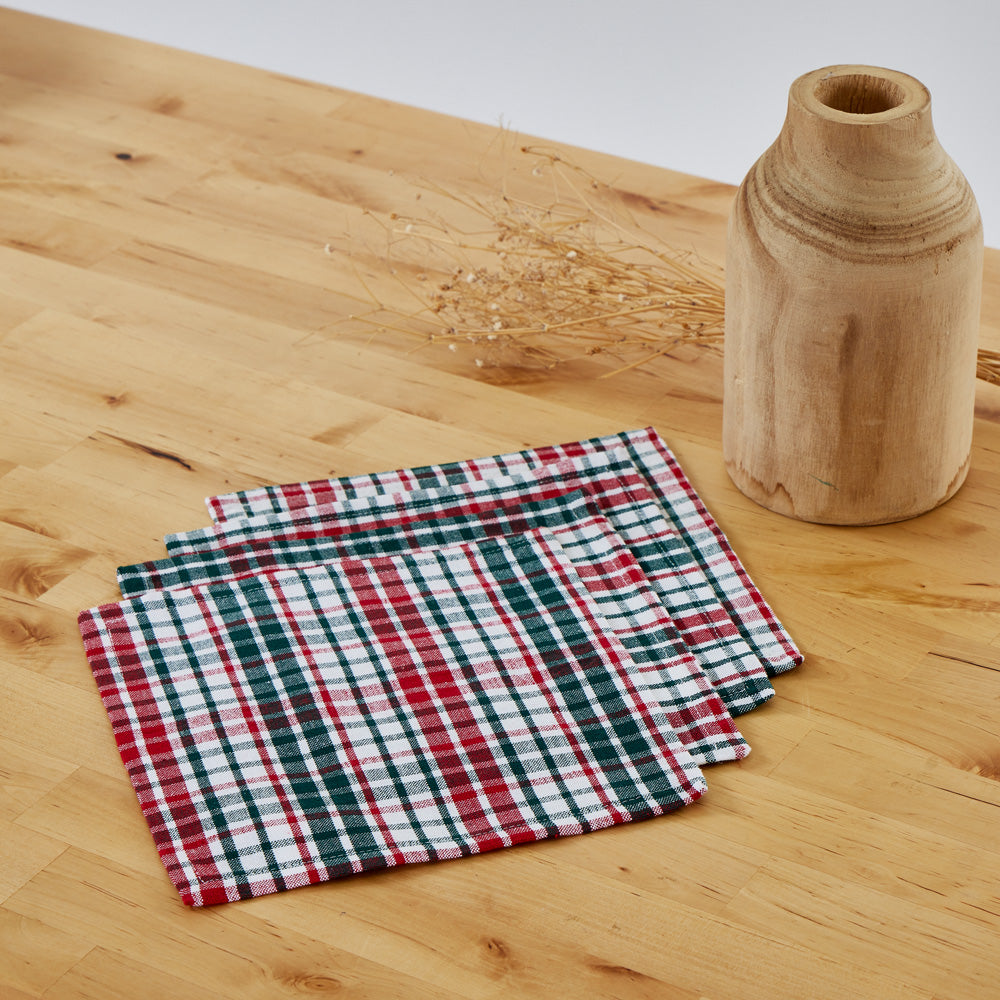Serviettes en coton à carreaux verts et rouges, paquet de 4