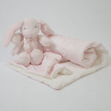 Polka dot blanket + pink stuffed rabbit