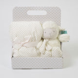 Polka dot blanket + raw plush sheep