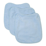 Lot de 3 bavoirs bébé en éponge bleu clair avec élastique. Extérieur en tissu éponge lavable et dos imperméable. Dimensions : 33