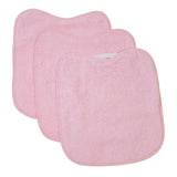 Pack of 3 terry cloth bibs for daycare in pink with elastic. Washable, terry exterior and waterproof backing. Dimensions: 33x29cm