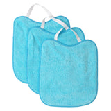 Lot de 3 bavoirs bébé turquoise en tissu éponge avec élastique. Extérieur en tissu éponge lavable et dos imperméable. Dimensions